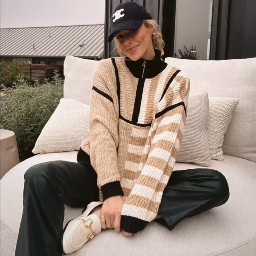 STAUD Hampton Half Zip Sweater Sahara Stripe L NWT